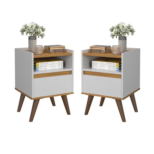 Conjunto 2 mesa de cabeceira retro pés palito -Ted- (Branco/Nature)