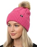 Funky Junque Women's Pink Pom Pom Beanie, Fleece Lined Cable Knit Winter Hat - Candy Pink