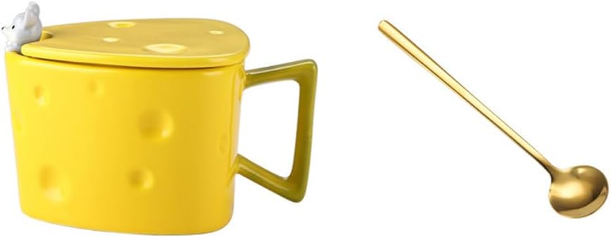 Luxshiny Ceramic Cheese Coffee Mug Espresso Cup with Spoon, Cute Cheese Shaped Cup with Non-Slip Handle for Tea Water Coffee, 5.9 x 3.54 x 3.34 Inch