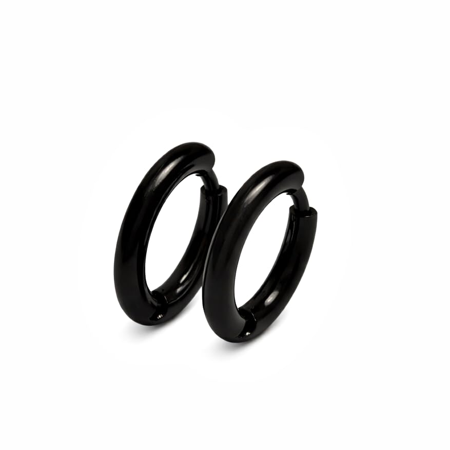 Black Stainless Steel Hoop Earrings, Hinged Huggie Style, Unisex