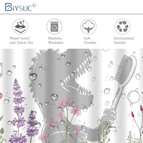 Image of Dinosaur Shower Curtain Funny Dino Sing Bathe Behind Wildflowers Trex Silhouette Shadow for Kids Bathroom Home Decor Waterproof Polyester Fabric 72Lx72W Inch with Hooks