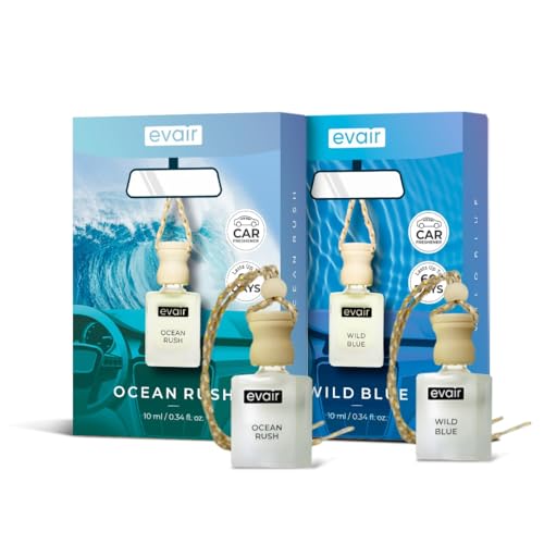 Image of Evair Hanging Car Air Freshener | Car Accessories Interior | Car Perfume Aroma with Essential Oils Fragrance in Glass Bottle with Wooden Diffuser Lid | 10 ml - Pack of 2 (Ocean Rush & Wild Blue)