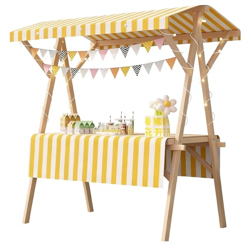 Présentoir mobile avec auvent amovible et roulettes, stand bois pliable