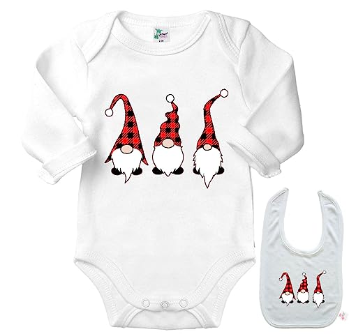 Image of Plaid First Christmas Gnomes - Newborn Baby Bodysuit Outfit Onesie Shirt & Bib