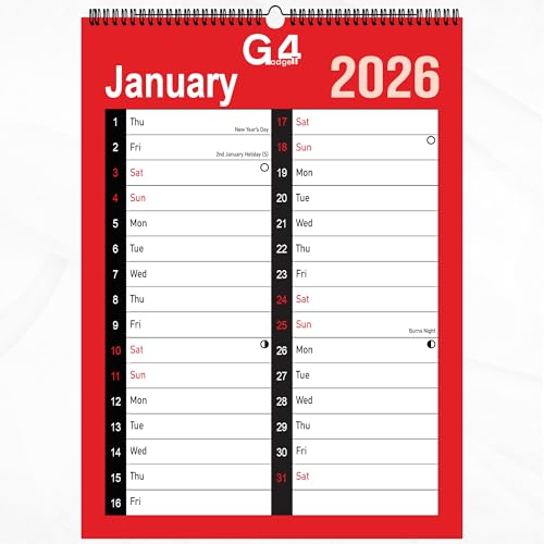 Image of G4GADGET 2026 A3 Month to View Wall Calendar – Large 2 Column Spiral Bound Planner with UK Holidays | Red & White Hanging Monthly Organiser for Home, Office, School & Business