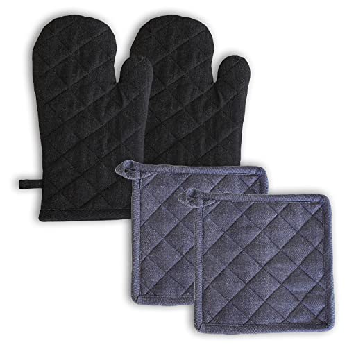 Image of 2 Oven Mitts and 2 Pot Holders Set-Cotton Heat Resistant Pot Stand and Kitchen Gloves-Heat Proof-Free Size-Combo Set (Blue and Black)