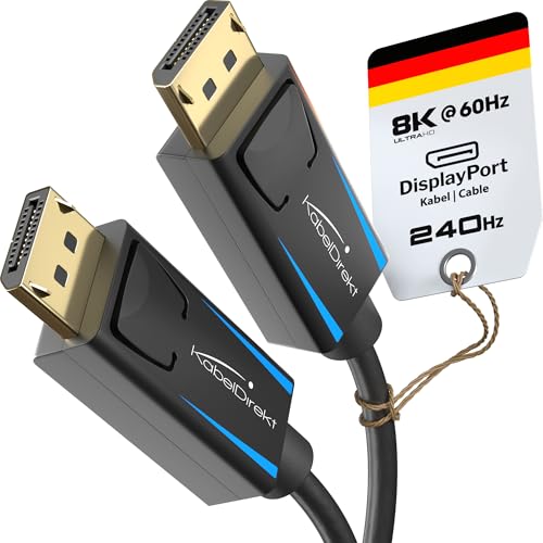 KabelDirekt – Cable DisplayPort 4K & 8K, 240Hz – 2x 5m – Disponible en 1-5m – Cable DP para todas las conexiones DisplayPort (DisplayPort 1.4, 8K@60Hz, PCs, portátiles, monitores de juego, negro)