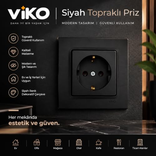 Viko Gece Siyah Topraklı Priz – Şık Tasarım Duvar Tipi Elektrik Prizi