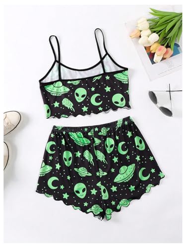 WDIRARA Women's 2 Piece Sleeveless Pajama Set Alien Graphic Sleepwear Crop Cami Tops and Shorts Pjs Sets2