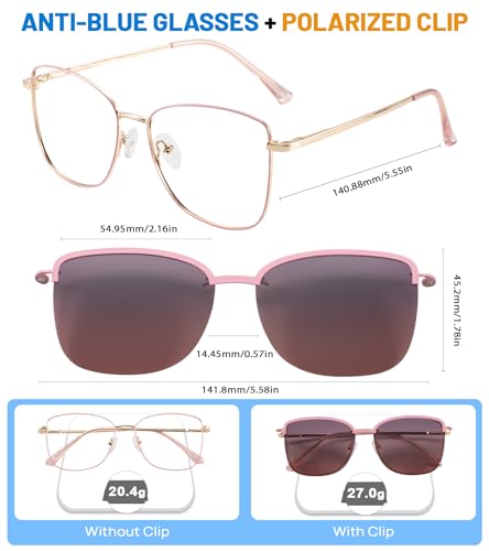 Image of Women's Large Blue Light Blocking Glasses plus Magnetic Sunglasses Clip, Easy to Switch to Shades for Driving