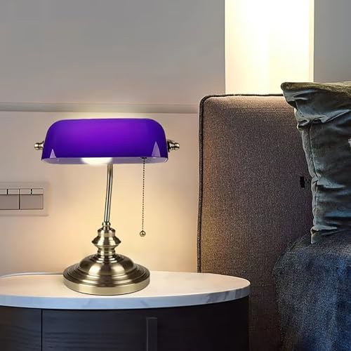 NLLATEI Lámpara Banquero De Vidrio Verde Con Interruptor De Cadena, Lámpara De Biblioteca Vintage Con Base De Latón Para Oficina En Casa, Sala De Estudio, Piano(Blue)