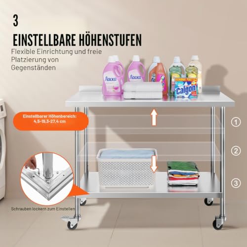 VEVOR Edelstahl Arbeitstisch Küche, kommerzieller Lebensmittelzubereitungs Küchetisch mit Rollen, 61 x 122 x 100 cm