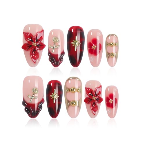 Homsera Luxury Red 3D Flower Press on Nails with Gold