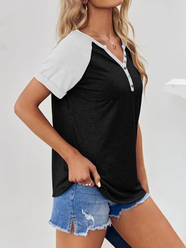 MaQiYa Womens Short Sleeve Summer Tops Henley V Neck T Shirts Casual Color Block Raglan Shirts Cotton Baseball Tunic Tees