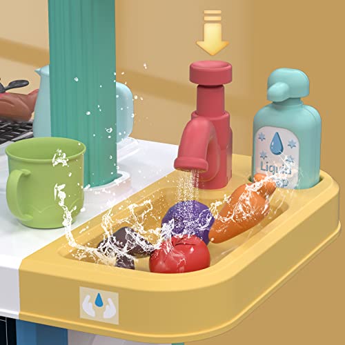 Temi Kids Kitchen Playset & 60 Pcs Toy Accessories Set, Kids Kitchen Toys & Grill Playset, Play Kitchen W/Real Sounds And Light, Pretend Play Set For Toddlers, Kids, Girls & Boys (Blue) #TOP4