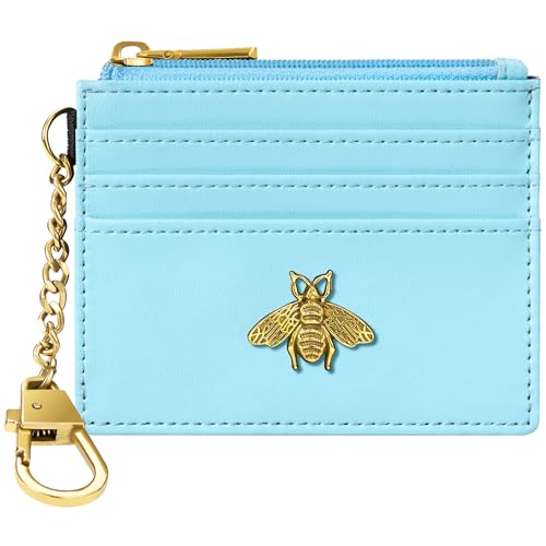 Image of SEAVILIA Card Holder Keychain Wallet for Women with ID Window RFID Coin Purse Bee Gifts Slim Minimalist Small Wallet, Blue, 4.4 x 3.38 inches, Minimalist