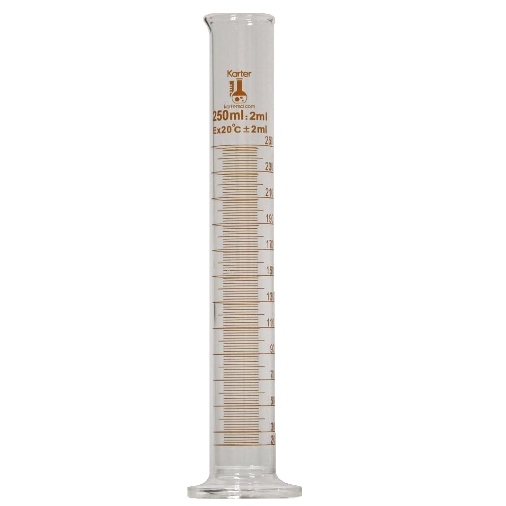 250ml, Graduated Cylinder, Borosilicate 3.3 Glass, Single Metric Scale, Karter Scientific 412G1 (Case 60)