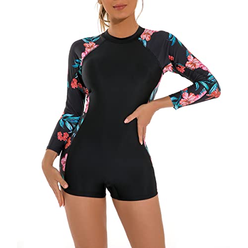 FYMNSI Damen Surfanzug Badeanzug mit Bein Reißverschluss Einteiler Langarm Rashguard UPF 50+ Bademode Surfen Schwimmanzug Blumen Bedruckt Bauchweg Sportlich Sonnenschutz Badebekleidung Rot Blumen S