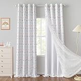 MYSKY HOME Kids Curtains with Rainbow Pom Pom Sheer for Kid Bedroom 84 Inches Long Nursery Curtains Girls Light Filtering Double Layer Window Drapes Grommet,White, 52 x 84 Inch, 2 Pieces