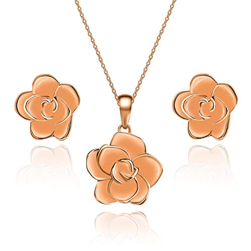 Rose Flower Necklace Earrings for Women 18K Gold Plated Hypoallergenic Jewelry Sets (Peach Fuzz / Rose Gold-tone)