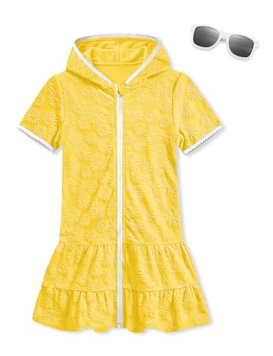 Image of BesserBay Girls Summer Beach Quick Dry Cover Up Ruffle Hem Terry Smocked Hooded 4-14 Years with Pockets
