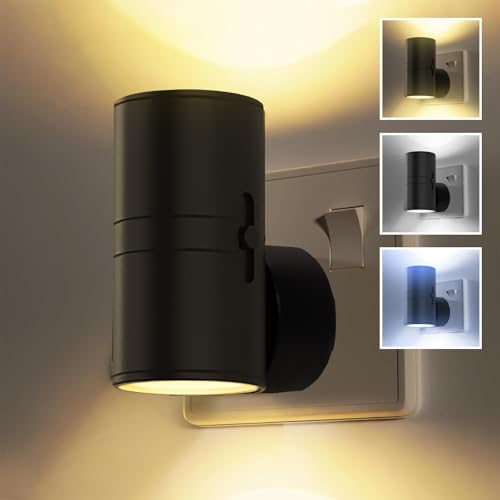 Phlbao Vintage LED Night Light Plug-in Wall with 3 Color 3000K-6000K Adjustable, Dimmable, Dusk to Dawn Sensor, Warm White, Compact, Black, Night Light, Hallway, Bedroom, Stair, Bathroom, Toddler