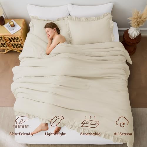 Image of FUANNA Full Size Comforter Sets Cream White, 3 Pieces Ruffle Full Size Bedding Sets, Fluffy Bed in a Bag Full for All Seasons, Shabby Chic Full Bed Set with 1 Lightweight Comforter & 2 Pillowshams