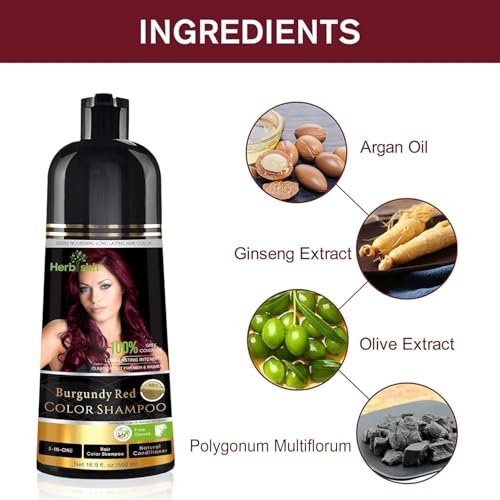 Herbishh Burgundy 3 in 1 Hair Dye Shampoo 16.9 FL Oz Each (Pack of 3) + (1 Pack) Pro Keratin Argan Oil Hair Mask 5.07 Fl Oz Combo for Dry Damaged Hair 150 ML, Long Lasting Grey Hair Color for Women — view 3