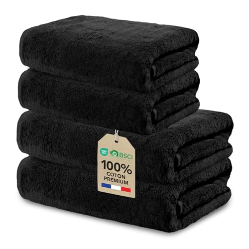 Ôhm Set Serviettes de Bain 4 Pièces Noir 100% Coton 500 g/m² pour Famille – 2 Serviettes 70x140 cm + 2 Serviettes 50x100 cm – Ensemble Linge de Bain...