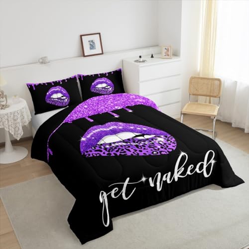 Image of Feelyou Purple Leopard Sexy Lips Comforter Full Size for Boys Girls, Purple Black Get Naked Comforter Set Pink Sexy Lips Bedding Set Funny Get Naked Duvet Set Bed Set 3Pcs Reversible