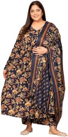 MEERA FAB Women's Cotton Blend V-Neck Plus Size Anarkali Printed Kurta with Palazzo & Dupatta