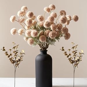 10 Stems Beige Flowers Artificial + Eucalyptus, Fake Mums Long Stem Faux Flowers For Vase, Tan Nude Cream Neutral Floral, Pom Pom Chrysanthemum Floral Arrangements, Silk Mini Faux Kiku Flower bulk