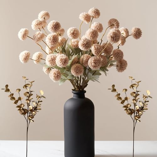 10 Stems Beige Flowers Artificial + Eucalyptus, Fake Mums Long Stem Faux Flowers For Vase, Tan Nude Cream Neutral Floral, Pom Pom Chrysanthemum Floral Arrangements, Silk Mini Faux Kiku Flower bulk