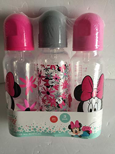 Cudlie Disney Baby Girl Minnie Mouse 9 oz Pack of 3 Baby Bottles, Tropic Floral