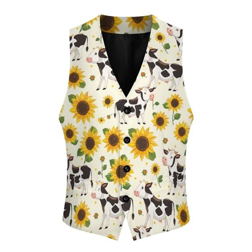 Cow with Sunflower Men's Suit Vests Business Formal Dress V-Neck Waistcoat Tops with 2 Pockets4