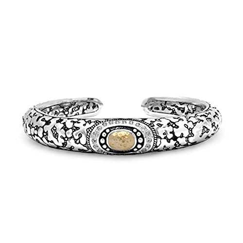925 Sterling Silver And 18K Gold Cuff Bracelet With Plaster Texture Motif And Oval Gold With White Topaz Gemstone Around For Women, Mother's Day, Father's Day, Christmas And Jewelry Gift #TOP24