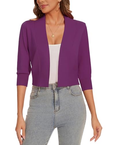 Image of Women 3 /4 Sleeve Cropped Cardigan Lightweight Casual Open Front Bolero Shrug Sweaters
