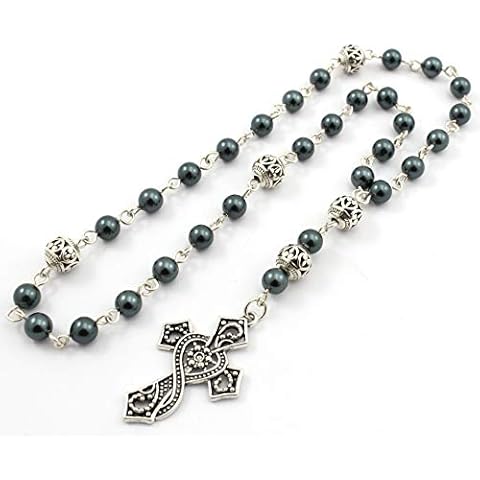 Anglican Prayer Beads with Teal Pearls with Ornate Cross, Anglican Rosary, Pearl Prayer Beads, Custom Rosary Cover