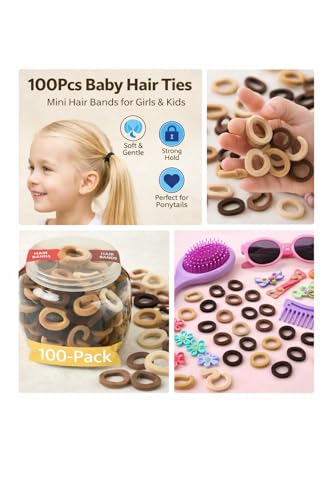 Image of Frescorr (200 pcs) Baby Hair Ties | Soft No-Damage Premium Elastic Mini Rubber Bands for girls | Strong Stretch Ponytail Holders | Daily Use Hair Accessories | (100 Pastel &100 Brown)