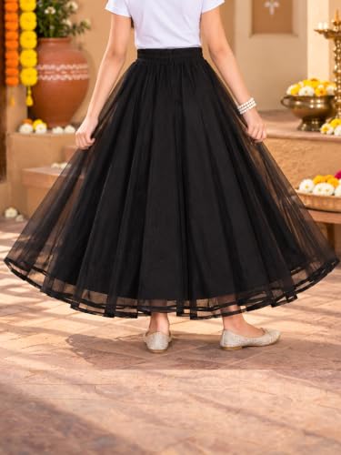 Image of KiddoPanti Girls Organza Ethnic Skirt | Flared Maxi Skirt with Sateen Lining | Half Elastic Waist | Ethnic Bottom | Age 1-14 Years