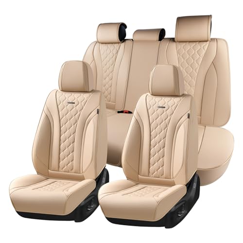 Image of Coverado Car Seat Covers, Leather Seat Covers Full Set, Beige Seat Covers, Perforated Diamond Leather Car Seat Cover, Breathable Car Seat Cushion, Waterproof Car Seat Protector Fit for Most Cars
