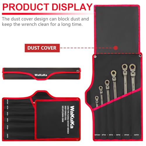 Wakuka 6-Piece Extra Long Flex-Head Ratcheting Wrench Set,Combination Wrench Set 72-Teeth, SAE 5/16\" to 3/4\", Cr-V Constructed, with Roll Up Pouch