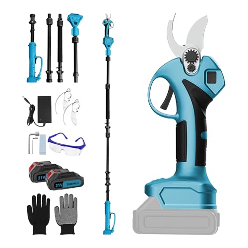 Tijeras de podar con barra, 2 en 1, tijeras eléctricas telescópicas, 70 mm, con 2 baterías de 3000 mAh, extensión de 2 m, motor sin escobillas para podar árboles