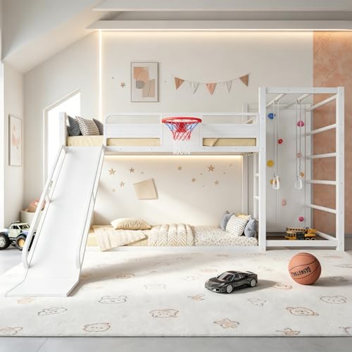 Image of Bellemave Bunk Bed Twin Over Twin with Slide, Basketball Hoop & Climbing Wall, Heavy Duty Metal Twin Bunk Beds for Kids with Guardrails, Low Bunk Bed for Bedrooms, No Box Spring Needed, White