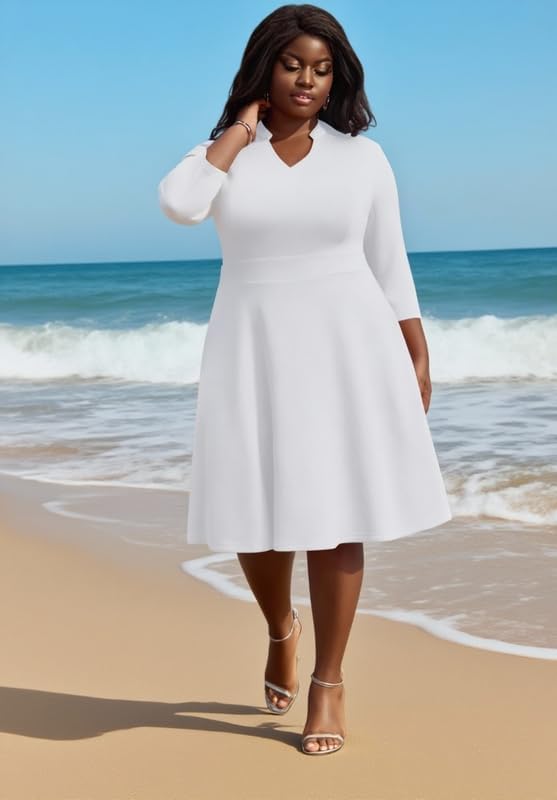 MarryUP Church Dress for Women V Neck 3/4 Sleeve Midi Causal Cocktail Party A-Line Dresses with Pockets