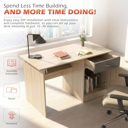 Image of 120x60x75cm Engineered Wood Study & Office Table | 1 Year Warranty | Matte Finish Free Standing Compact Modern Computer Desk with Drawer & Cabinet | Rolex Brown Finish- Moldau Acacia