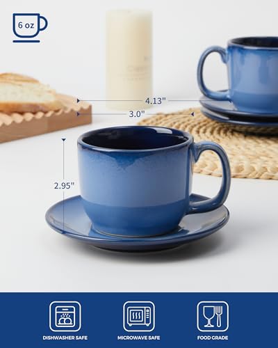 Pokini Stoneware Coffee Cups with Saucers, 6 Oz Cappuccino Cups Set of 4, Microwave & Dishwasher Safe, Perfect For Tea, Espresso, Latte, Ceramic Mugs for Kitchen or Cafe, Light Blue — view 2