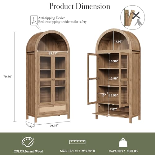CHYMSUN 71” Tall Arched Kitchen Pantry Cabinet, Modern Farmhouse Hutch Storage Cabinets with Large Drawer and Glass Doors for Kitchen, Dining Room, Living Room, Natural