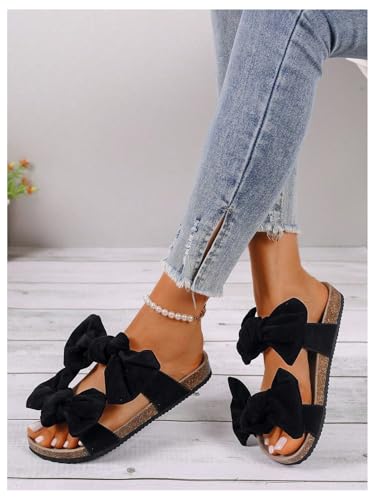 GORGLITTER Women's Bow Cork Sandals Double Band Suede Beach Sandals Open Toe Slip On Slide Sandals 20254