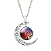 Women Colorful Art Tree Picture Round Glass Time Gemstone Half Moon Chain Statement Necklace